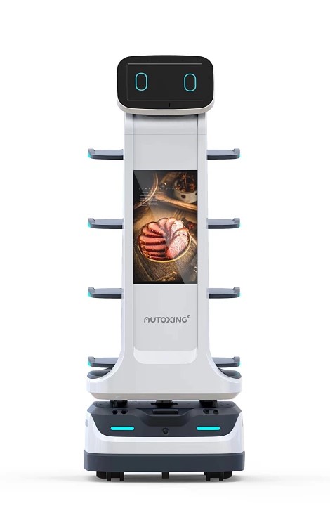 Mars-Roboter von AutoXing guckt Sie an mit seinen großen Augen. Er zeigt seinen hochauflösenden Werbebildschirm. 